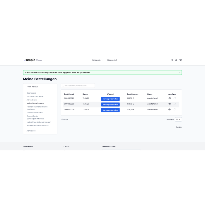.simple Widerrufbutton für Magento Onlineshop